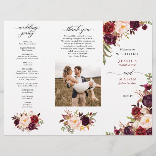 Burgund-Marsala-Tri-Fold-Hochzeitsprogramm Foto Flyer (Vorne)