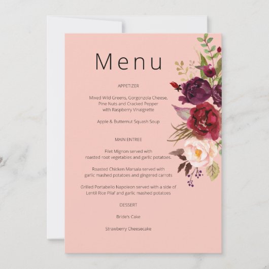 Burgund Marsala und Blush Blumenmenü - Rosa 2 in Einladung (Vorderseite)