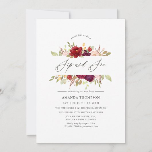 Burgund - Marsala und Blush, Sip and See Einladung (Vorderseite)