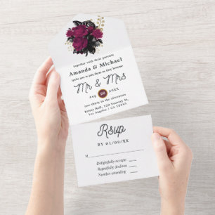 Burgund - Marsala und Gold Floral Hochzeit All In One Einladung