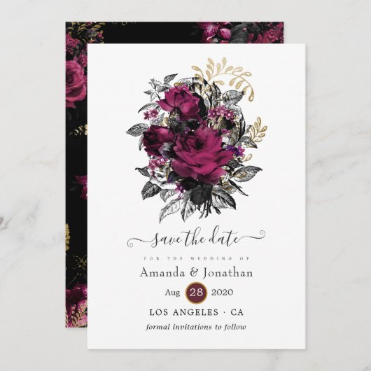 Burgund - Marsala und Gold Floral Wedding Save The Date (Vorne/Hinten)