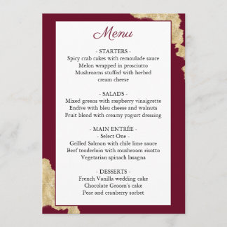 Burgund-Marsala- und Gold-Hochzeitsmenü Menükarte