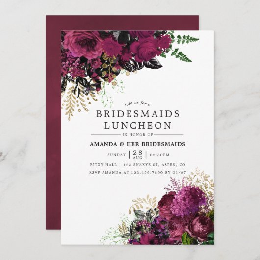 Burgund - Marsala und Goldbridmaids Luncheon Einladung (Vorne/Hinten)