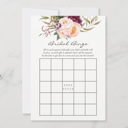 Burgund - Marsala und Peach Floral Bridal Bingo Einladung (Vorderseite)