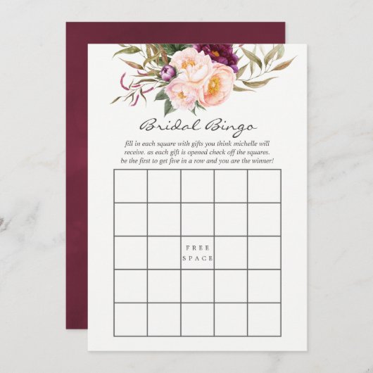 Burgund - Marsala und Peach Floral Bridal Bingo Einladung (Vorne/Hinten)