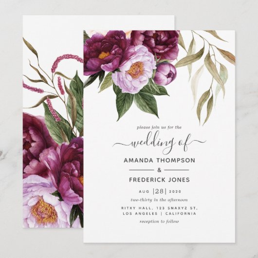 Burgund - Marsala und Peach Floral Wedding Einladung (Vorne/Hinten)