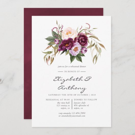 Burgund - Marsala und Peach Probe Dinner Einladung (Vorne/Hinten)