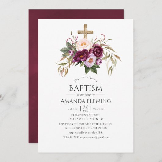 Burgund/Marsala und Peach Taufen oder Christening Einladung (Vorne/Hinten)