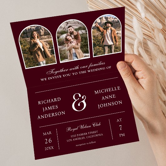 Burgund Minimaler Bogen Foto QR-Code Hochzeit Einladung