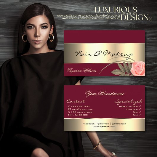 Burgund mit Golddekor und Niedlicher Rose Blume Visitenkarte