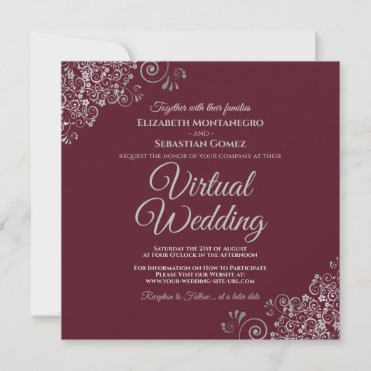 Burgund mit Lacy Silver Elegant Virtual Wedding Einladung (Vorderseite)