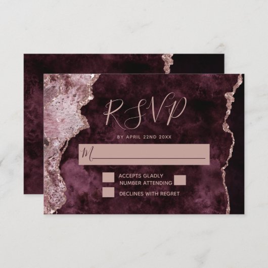 Burgund mit Rose Gold Marbled Agate Wedding RSVP Karte (Vorne/Hinten)