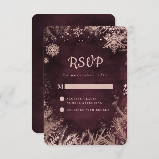 Burgund mit Rose Gold Winterschneeflocken Hochzeit RSVP Karte (Vorne/Hinten)