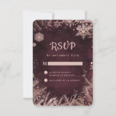 Burgund mit Rose Gold Winterschneeflocken Hochzeit RSVP Karte (Vorderseite)