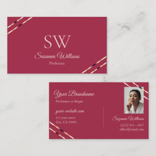 Burgund mit Roségold-Linien Monogramm und Foto Visitenkarte