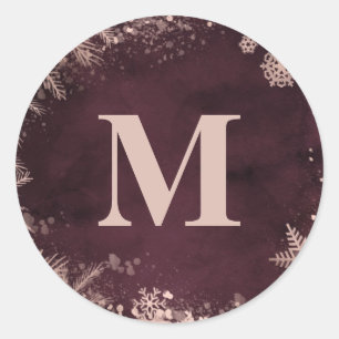 Burgund mit Roségold Winterhochzeitsmonogramm Runder Aufkleber
