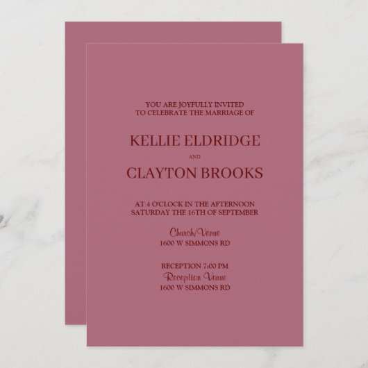 Burgund Moderne Minimalistische Hochzeitseinladung Einladung (Vorne/Hinten)