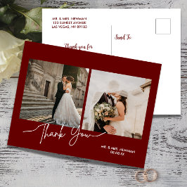 Burgund Modernes Script Foto Hochzeit Vielen Dank Postkarte