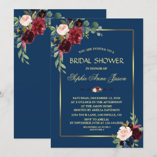 Burgund Navy Blau Floral Goldrahmen Brautparty Einladung