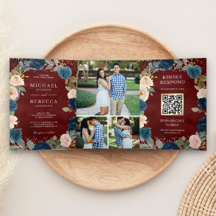 Burgund Navy Blau Pfirsich Floral QR Code Hochzeit Dreifach Gefaltete Einladung