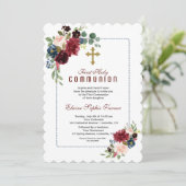 Burgund Navy Blauer Blumenrahmen Heilige Kommune Einladung (Stehend Vorderseite)