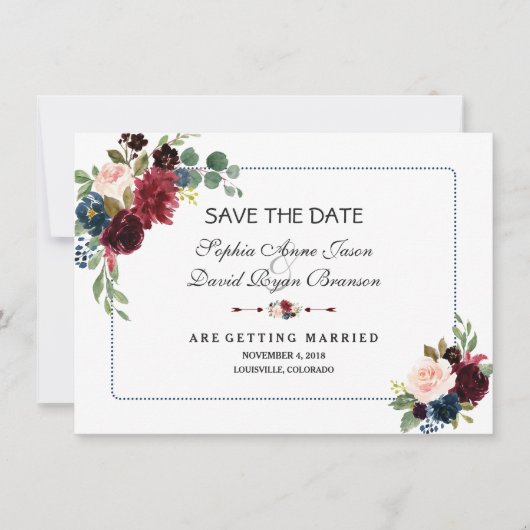 Burgund Navy Blauer Blumenrahmen Save the Date (Vorderseite)
