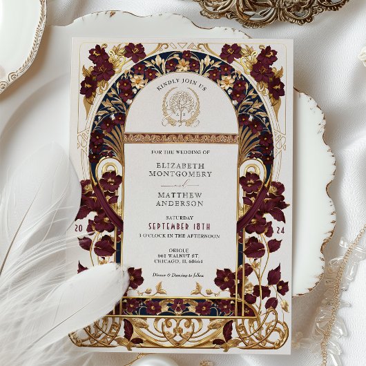 Burgund Navy Blue & Antique Gold Floral Wedding Einladung