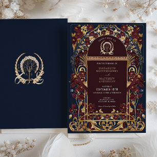 Burgund Navy Blue & Antique Gold Floral Wedding Einladung