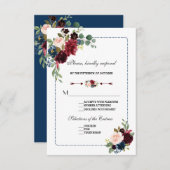 Burgund Navy Blue Floral Frame Wedding RSVP (Vorne/Hinten)