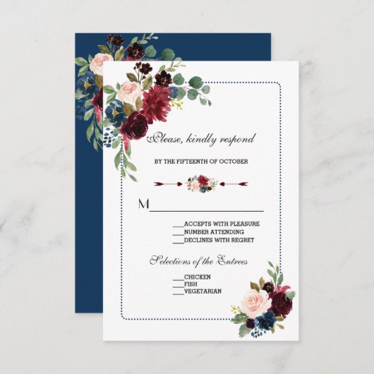 Burgund Navy Blue Floral Frame Wedding RSVP (Vorne/Hinten)