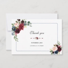 Burgund Navy Blue Floral Frame Wedding RSVP Dankeskarte
