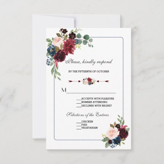 Burgund Navy Blue Floral Frame Wedding RSVP Karte (Vorderseite)