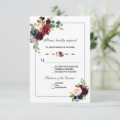Burgund Navy Blue Floral Frame Wedding RSVP Karte (Stehend Vorderseite)