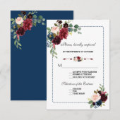 Burgund Navy Blue Floral Frame Wedding RSVP Karte (Vorne/Hinten)