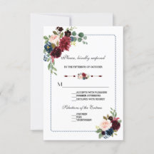 Burgund Navy Blue Floral Frame Wedding RSVP