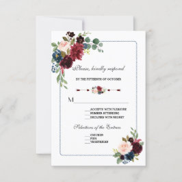 Burgund Navy Blue Floral Frame Wedding RSVP Karte