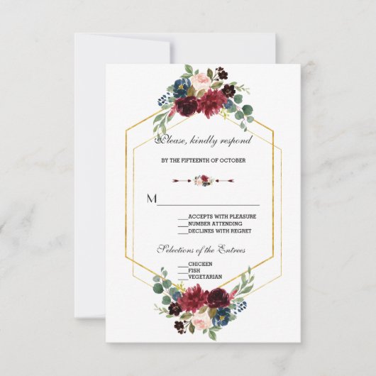 Burgund Navy Blue Floral Frame Wedding RSVP Karte (Vorderseite)