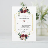 Burgund Navy Blue Floral Frame Wedding RSVP Karte (Stehend Vorderseite)