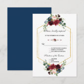 Burgund Navy Blue Floral Frame Wedding RSVP Karte (Vorne/Hinten)
