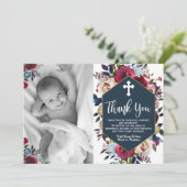 Burgund Navy Blue Floral Taufen Danke Karten (Stehend Vorderseite)