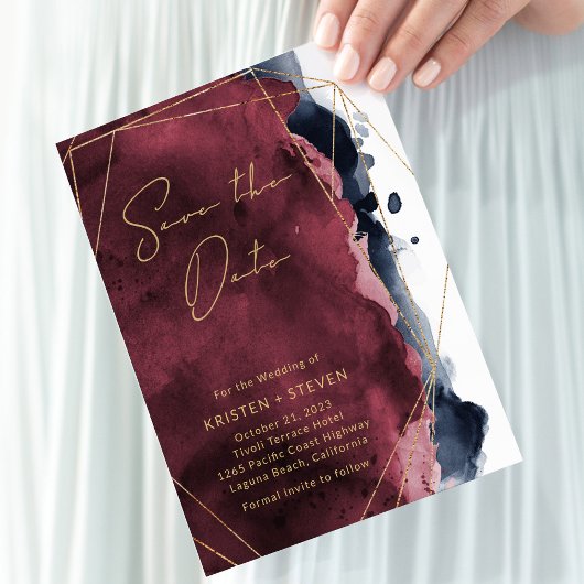 Burgund & Navy Blue Watercolor Save the Date Einladung