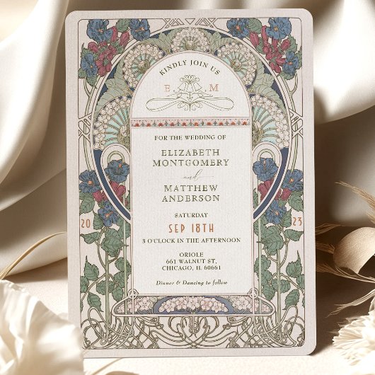 Burgund Navy Blue Wedding Einladungen Art Nouveau