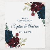 Burgund & Navy Blume Rustikale Holzhochzeit Weinetikett (Einzelnes Label)