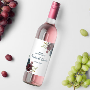Burgund & Navy Blume Rustikale Holzhochzeit Weinetikett