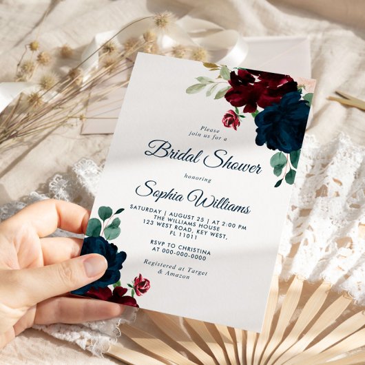Burgund & Navy Blume Rustikales Brautparty Einladung