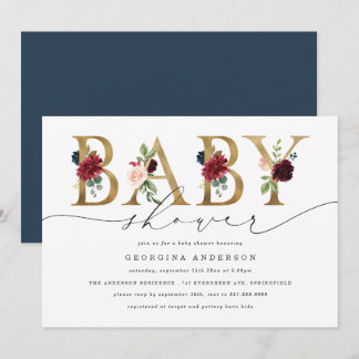 Burgund-Navy-Blumen-Baby-Shower-Einladung Einladung