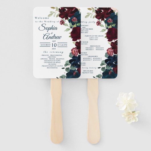Burgund & Navy Blumen Hochzeit Set von Fans Fächer (Vorne und Hinten)