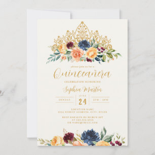 Burgund-Navy-Blumen-Tiara Quinceanera  Einladung