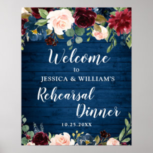 Burgund-Navy-Blumen-Willkommens-Probeessen-Schild Poster
