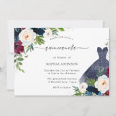 Burgund & Navy Blumenkleid Quinceanera Party Einladung (Vorderseite)